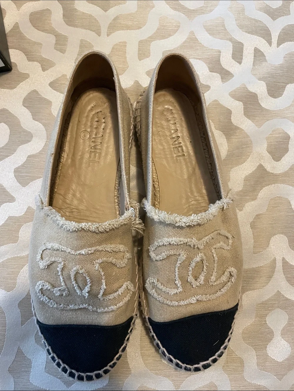 CHANEL Tan and Black Canvas Espadrille Flats AUTHENTIC